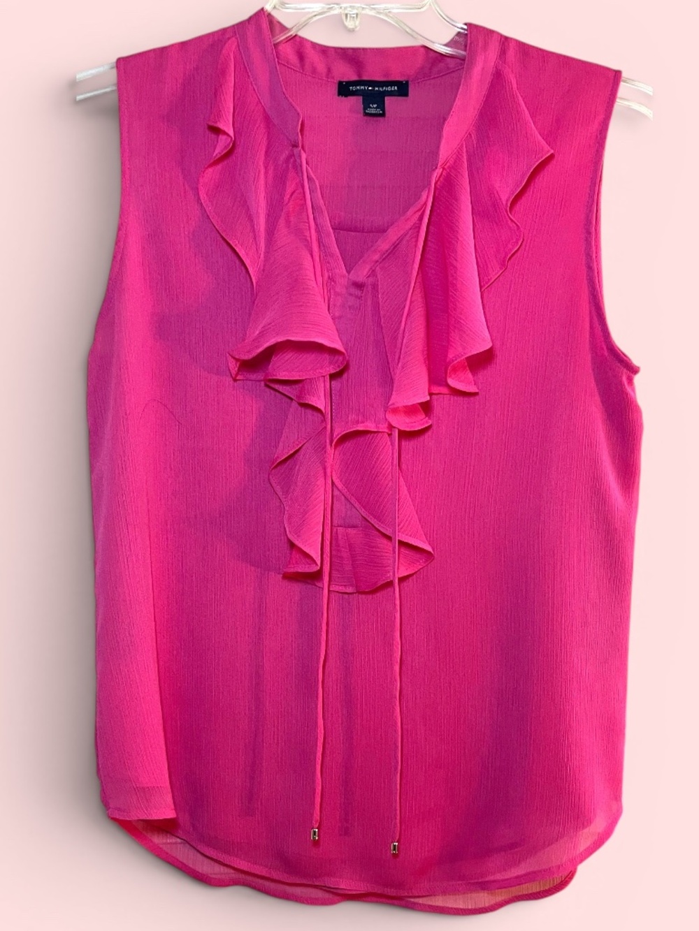 Tommy Hilfiger Hot Pink Ruffle Front Sleeveless Poly Crepe Blouse Size Small